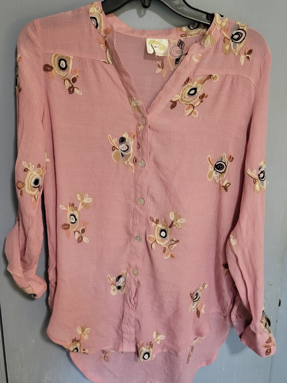 Fig And Flower Embroidered Pink Womens Button-Up Blouse Sz Med